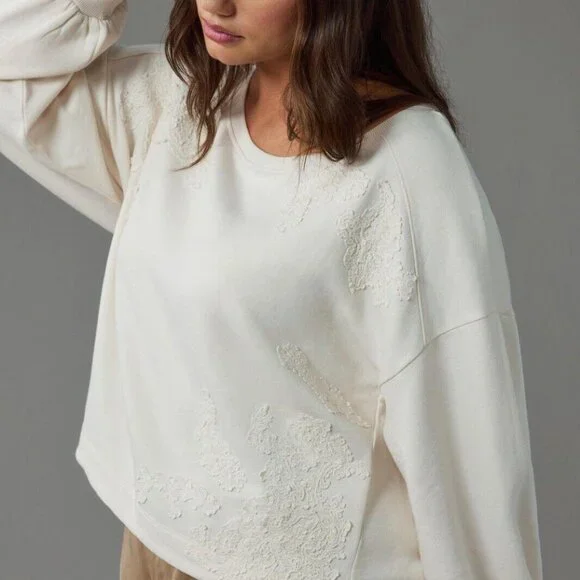 By Anthropologie Crochet Appliqué Pullover Top Oversized Cotton Lace S 272128 Blouses